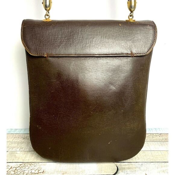 VINTAGE BROWN GENUINE LEATHER TURN LOCK FLAP TOP HANDLE HANDBAG PURSE - Picture 4 of 9